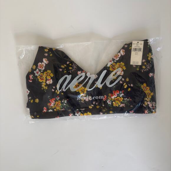 Aerie Offline Goals Plunge Sports Bra True Black Floral Mesh Back Strappy Active - Picture 14 of 15